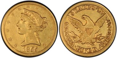 1855-D $5 Large D XF40