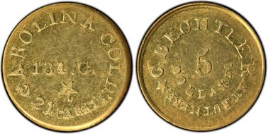 (1837-42) $5 C. Bechtler, 134 Grains, Star AU55