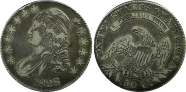 1828 50C Square Base 2, Large 8s VF35