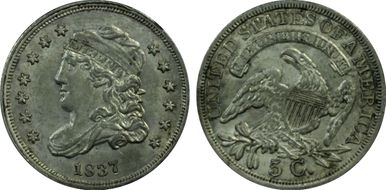 1837 H10C Capped Bust, Large 5C AU55