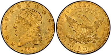1827 $5 AU58+