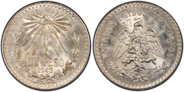1943-M Peso KM-455  Ag MS65