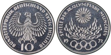 1972-D 10 Mk Munich Olympics - Flames MS66
