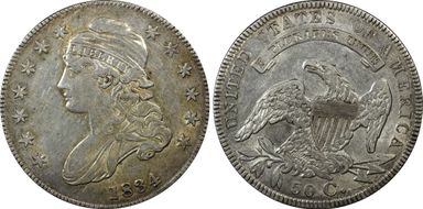 1834 50C O-111, Sm Date Sm Let AU50