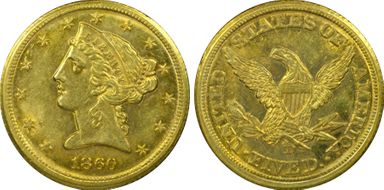 1860-D $5 Medium D MS62