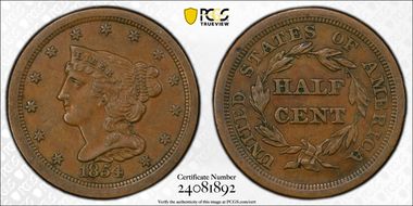 1854 1/2C AU50BN