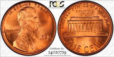 1982 1C Zinc, Large Date MS68RD