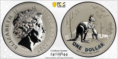 2007 $1 Kangaroo Ag-Rolf Harris Frosted Uncirculated MS69