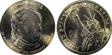 2009-P $1 Dbld Edge Let., Overlap John Tyler - Position B MS66