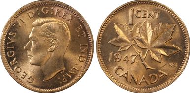 1947 1C Maple Leaf Blunt 7 MS65RD