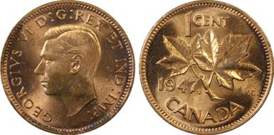 1947 1C Maple Leaf Pointed 7 MS64RD