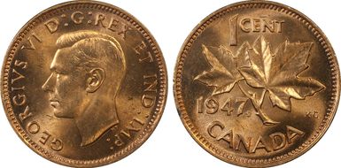 1947 1C Maple Leaf Pointed 7 MS64RD