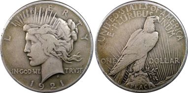1921 $1 High Relief, Peace VF30
