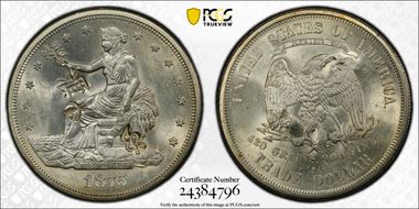 1875-S T$1 Type-I/I Chopmarked MS62