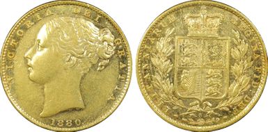 1880-S Sov S-3855 Shield ∀ICTORIA AU53