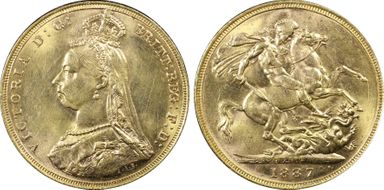 1887-M Sov S-3867A DISH M7 1st Obv Angled J MS62