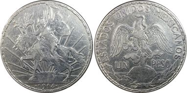 1914 Peso Caballito KM-453  Ag AU50