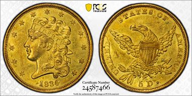 1834 $5 Classic Head, Plain 4 AU58