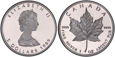 1989 $5 10th Ann Maple Leaf Ag PR69DCAM