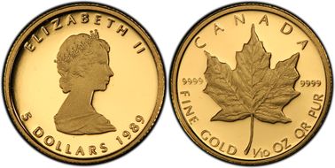 1989 $5 10th Ann Maple Leaf/Au PR69DCAM