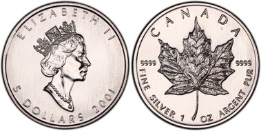 2001 $5 Maple Leaf 1oz Ag MS68