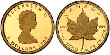 1989 $5 10th Ann Maple Leaf/Au PR68DCAM