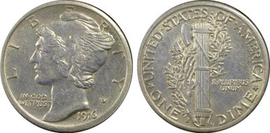 1916-S 10C Mercury AU55