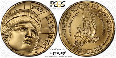 1986-W $5 Statue Of Liberty MS70