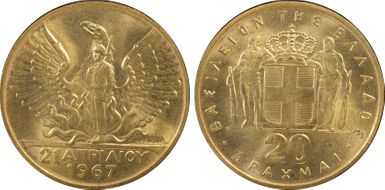 (1970) 20 Dr 1967 Revolution KM-92 Au MS67