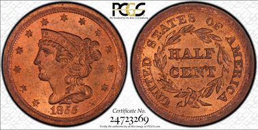 1855 1/2C MS64+ RD