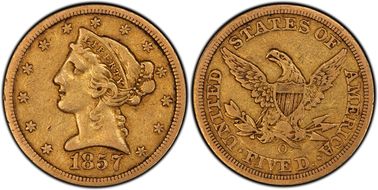 1857-O $5 VF35