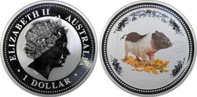 2007 $1 Year of the Pig Ag Colorized MS69