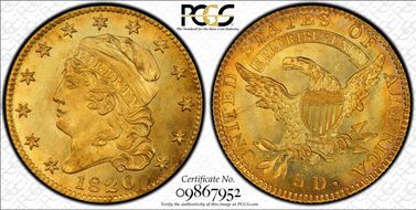 1820 $5 Curl Base 2, Large Letters MS66