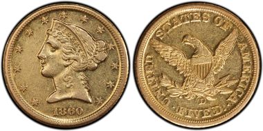 1860-D $5 Medium D AU53