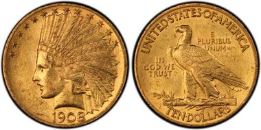 1908 $10 Motto MS62
