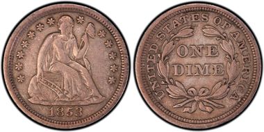 1853 10C No Arrows VF30