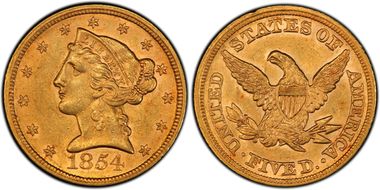 1854 $5 AU58