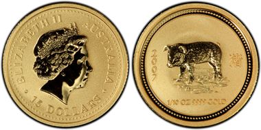 2007 $15 Year of the Pig 1/10oz Au MS69