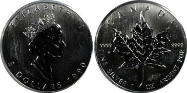 1990 $5 Maple Leaf 1oz Ag MS64