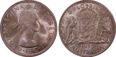 1953(m) Florin Small Rev. Denticles KM-54  Ag MS64