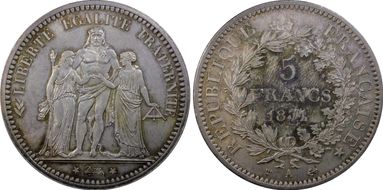 1871-A 5 Fr Trident Date serrée Gad-744 F-334 MS63