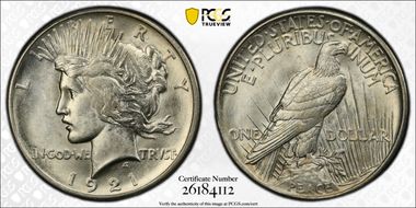 1921 $1 High Relief, Peace MS63