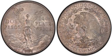1921-Mo 2 Peso Centennial, 9 Tail F. KM-462  Ag AU55