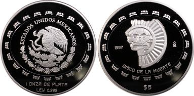1997-Mo 5 Peso Disco de la Muerte KM-619  Ag PR69DCAM