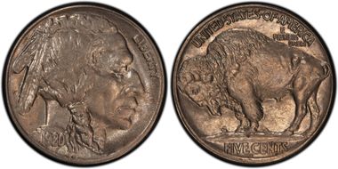 1920-S 5C 2 Feathers, FS-401 AU58