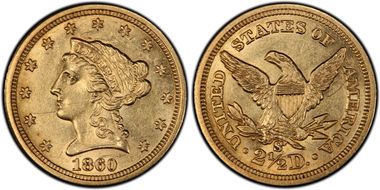 1860-S $2.50 AU58