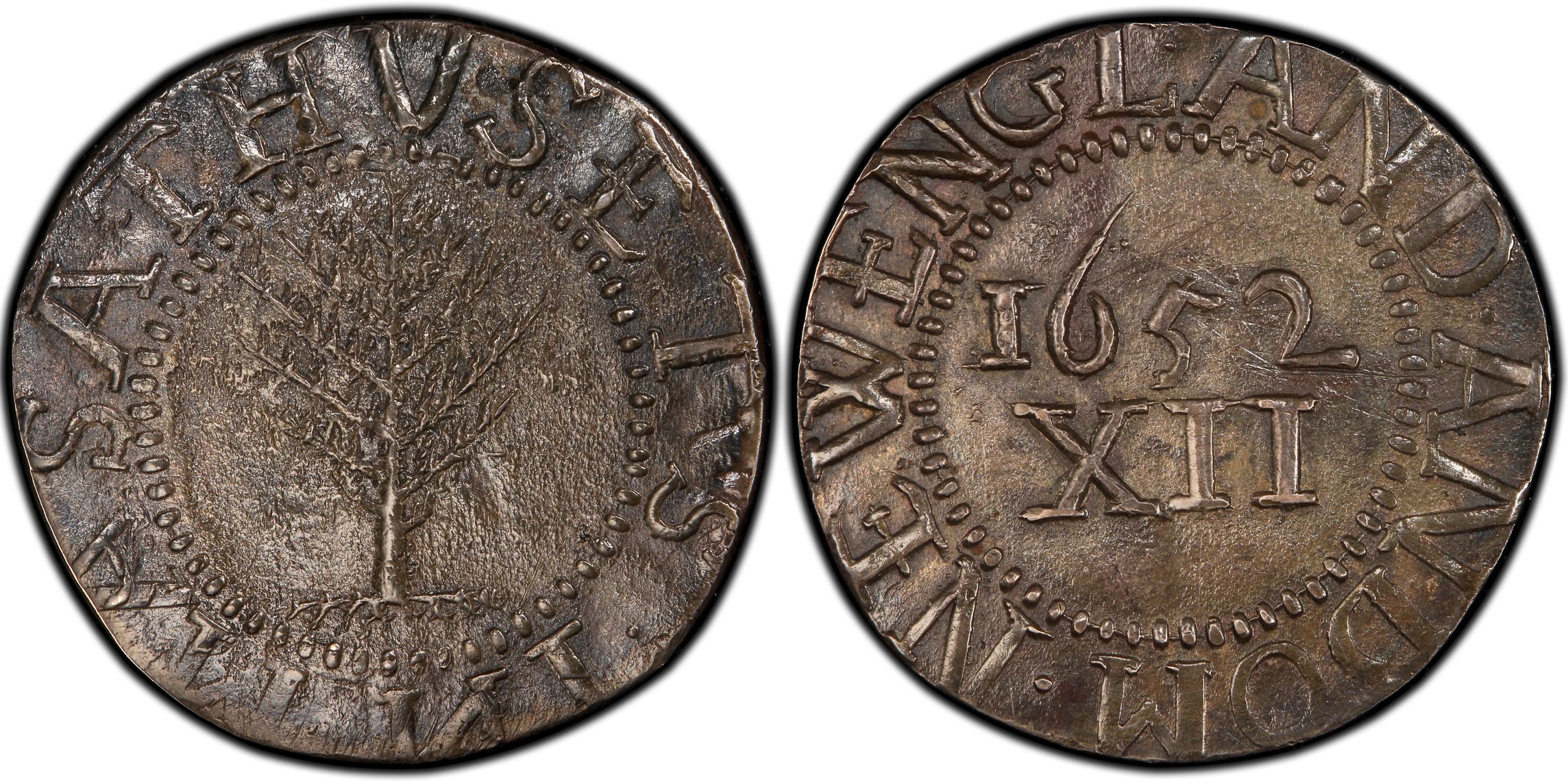 1652 Shilling Pine Tree, No Pellets PCGS Genuine