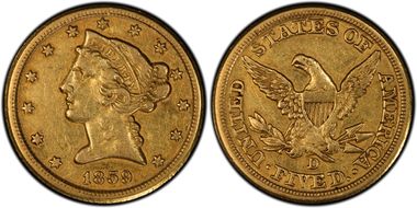 1859-D $5 Large D XF40