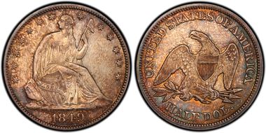 1849 50C Doubled Date WB-6, FS-301 AU50