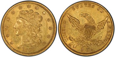 1837 $5 AU58